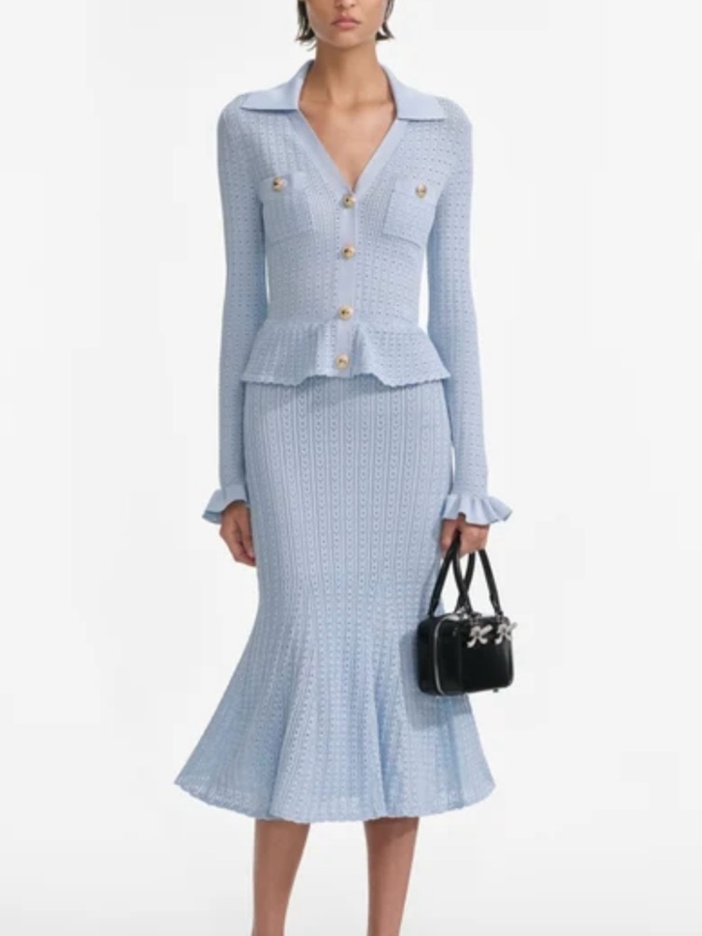 Self-Portrait Light Blue Knit Flared Midi Skirt